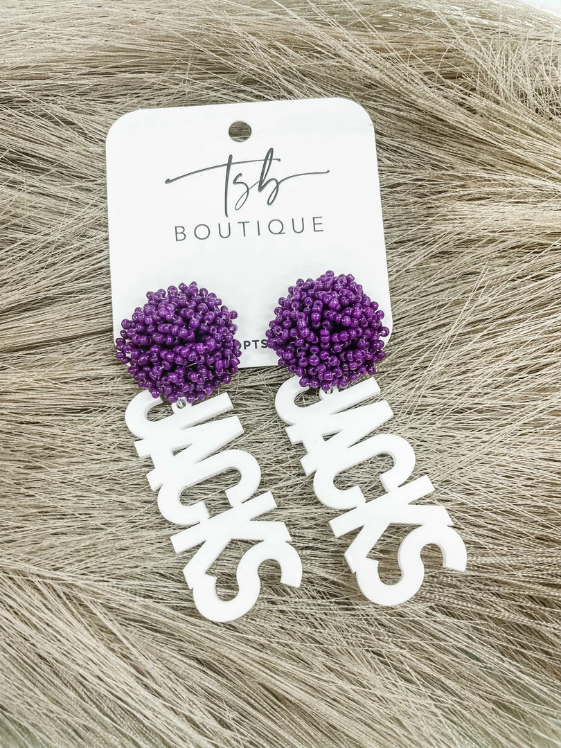 Texas Bling SFA White Jacks Dark Purple Pom Earrings 1 Texas Bling SFA White Jacks Dark Purple Pom Earrings