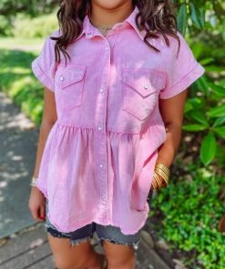 Entro Tops Jaylin Denim Collared Babydoll Top- Pink