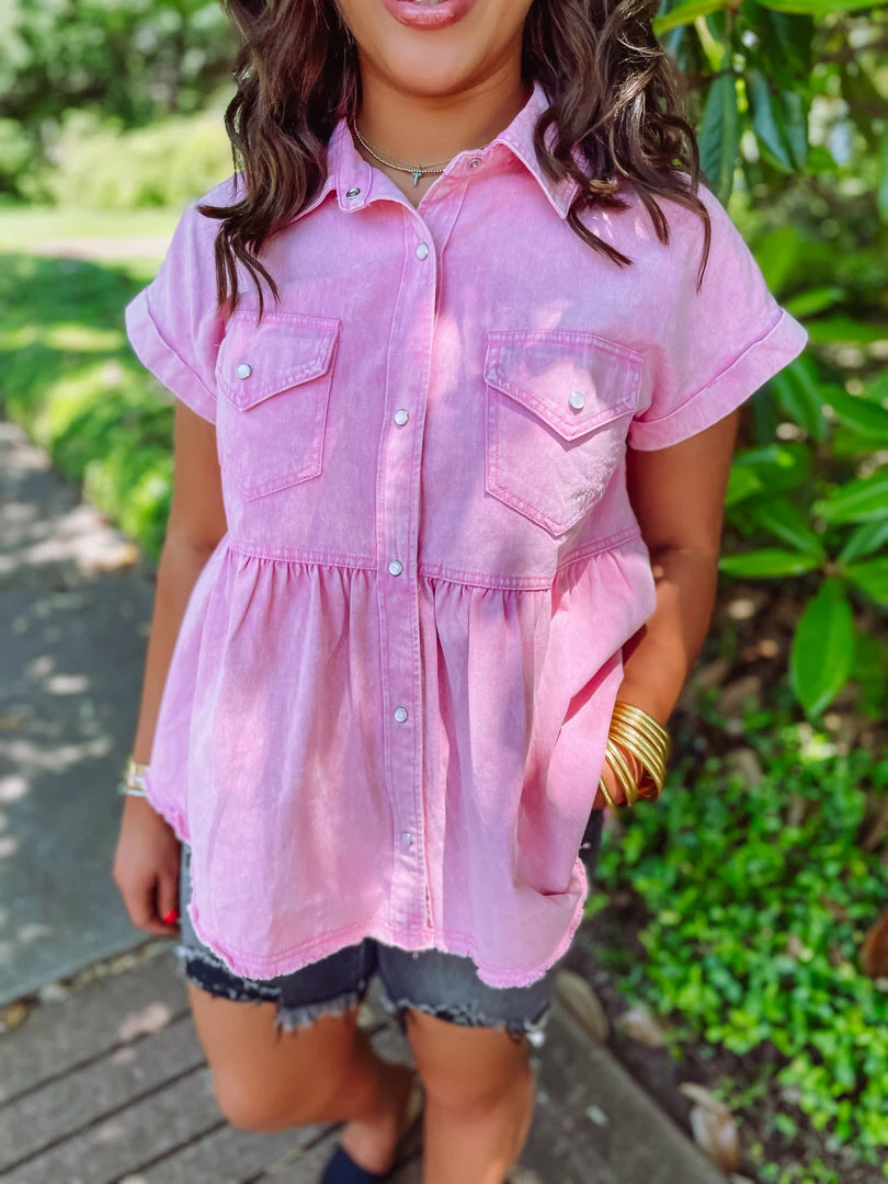 Entro Tops Jaylin Denim Collared Babydoll Top- Pink 2 Entro Tops Jaylin Denim Collared Babydoll Top- Pink