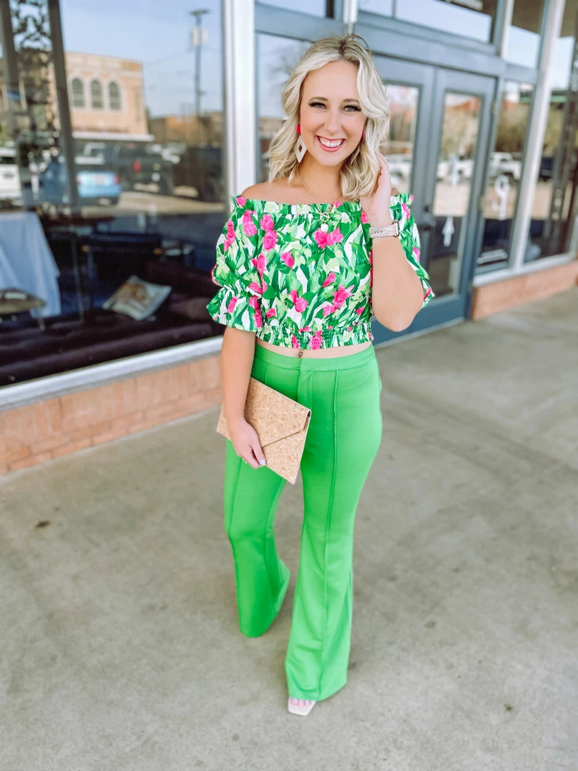 Flying Tomato Ava Center Seam High Rise Flare Pants- Green Bottoms 3 Flying Tomato Ava Center Seam High Rise Flare Pants- Green Bottoms