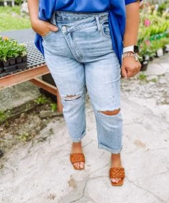 Risen Camille Distressed High Waisted Asymmetric Button Jeans Denim