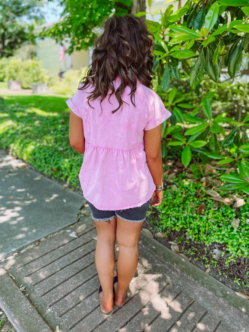 Entro Tops Jaylin Denim Collared Babydoll Top- Pink 7 Entro Tops Jaylin Denim Collared Babydoll Top- Pink