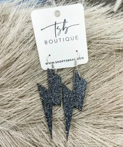 Texas Bling Glitter Lightening Bolt Earrings- Gunmetal