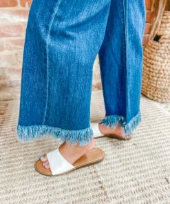 Risen Adeline Button Down 90's Frayed Hem Wide Jeans- Dark Wash