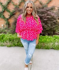Umgee Plus Lexie Dalmatian Print Bell Sleeve Top- Hot Pink