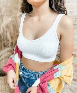 Texas Bling Diem Ribbed V- Neck Brami-White Tops