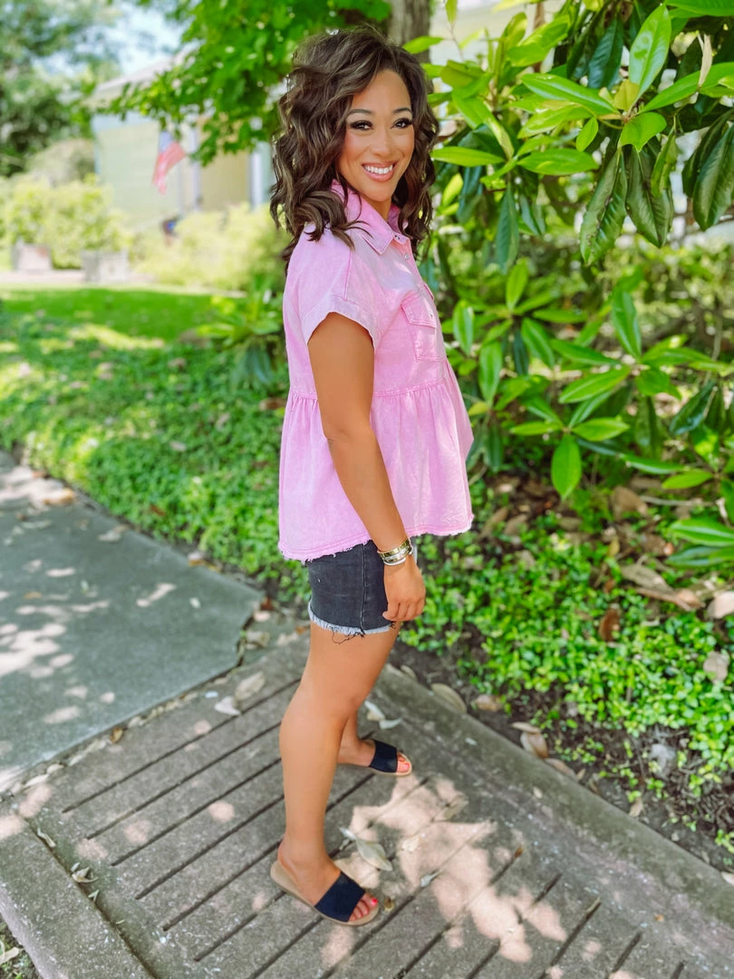 Entro Tops Jaylin Denim Collared Babydoll Top- Pink 4 Entro Tops Jaylin Denim Collared Babydoll Top- Pink