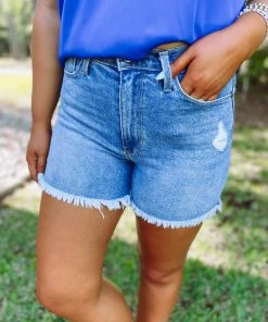Just Black Denim Bella High Rise Frayed Hem Shorts- Medium Wash