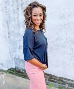 BomBom Jordyn Crewneck Waffle Knit Top- Black Tops