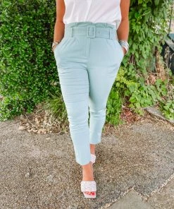 Must Have Jessica Square Buckle Belted Slim Fit Pants- Mint Bottoms