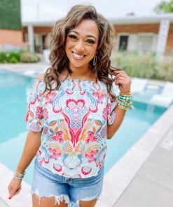Flying Tomato Peyton Folk Print Elastic Off The Shoulder Top
