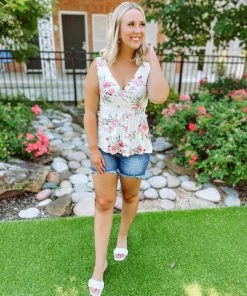 Entro Felicity Floral Surplice Ruched Waist Top Neutral Babe