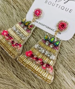 Texas Bling Gold Beaded Birthday Cake Earrings Jewelry