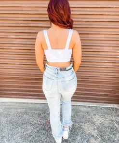 Texas Bling Diem Ribbed V- Neck Brami-White Tops