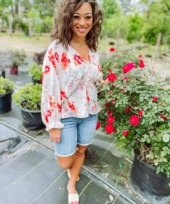 Entro Marlee Floral V Neck Batwing Top- Orange Tops