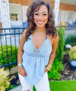 Trend Notes Tops Kimberly Crochet Knit Halter Tunic Top- Blue