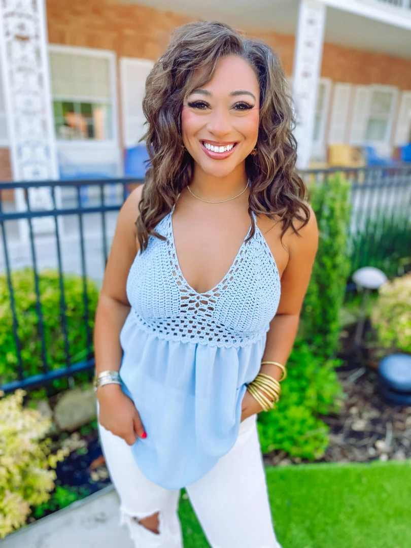 Trend Notes Tops Kimberly Crochet Knit Halter Tunic Top- Blue 1 Trend Notes Tops Kimberly Crochet Knit Halter Tunic Top- Blue