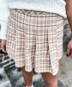 Very J Bottoms Julia Plaid Pleated Skirt- Mocha