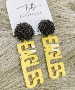 Texas Bling 2022 School Style Yellow Eagles Black Pom Earrings