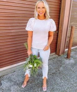 Flying Tomato Sophie Lace Puff Sleeve Knit Top Tops