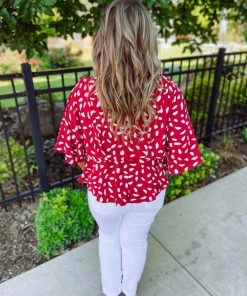 Umgee Lexie Dalmatian Print Bell Sleeve- Crimson Plus 6 Umgee Lexie Dalmatian Print Bell Sleeve- Crimson Plus
