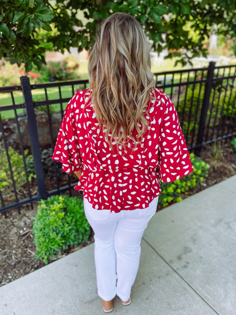 Umgee Lexie Dalmatian Print Bell Sleeve- Crimson Plus 3 Umgee Lexie Dalmatian Print Bell Sleeve- Crimson Plus