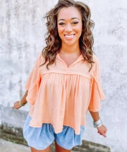 Ces Femme Alexandria Cotton Gauze Wide Sleeve Hi Low Top- Peach 9 Ces Femme Alexandria Cotton Gauze Wide Sleeve Hi Low Top- Peach