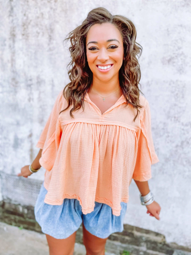 Ces Femme Alexandria Cotton Gauze Wide Sleeve Hi Low Top- Peach 4 Ces Femme Alexandria Cotton Gauze Wide Sleeve Hi Low Top- Peach