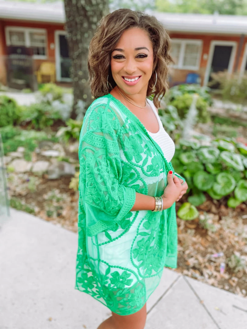 Umgee Izzie Floral Lace Open Front Kimono- Kelly Green 5 Umgee Izzie Floral Lace Open Front Kimono- Kelly Green