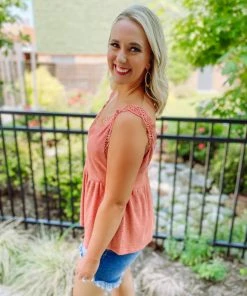 Umgee Tops Callie V Neck Crochet Detail Top- Clay