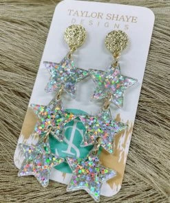 Texas Bling Zara Triple Star Acrylic Drop Earrings- Silver Sequin Jewelry