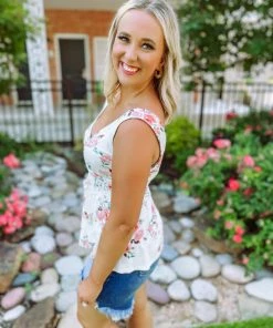 Entro Felicity Floral Surplice Ruched Waist Top Neutral Babe