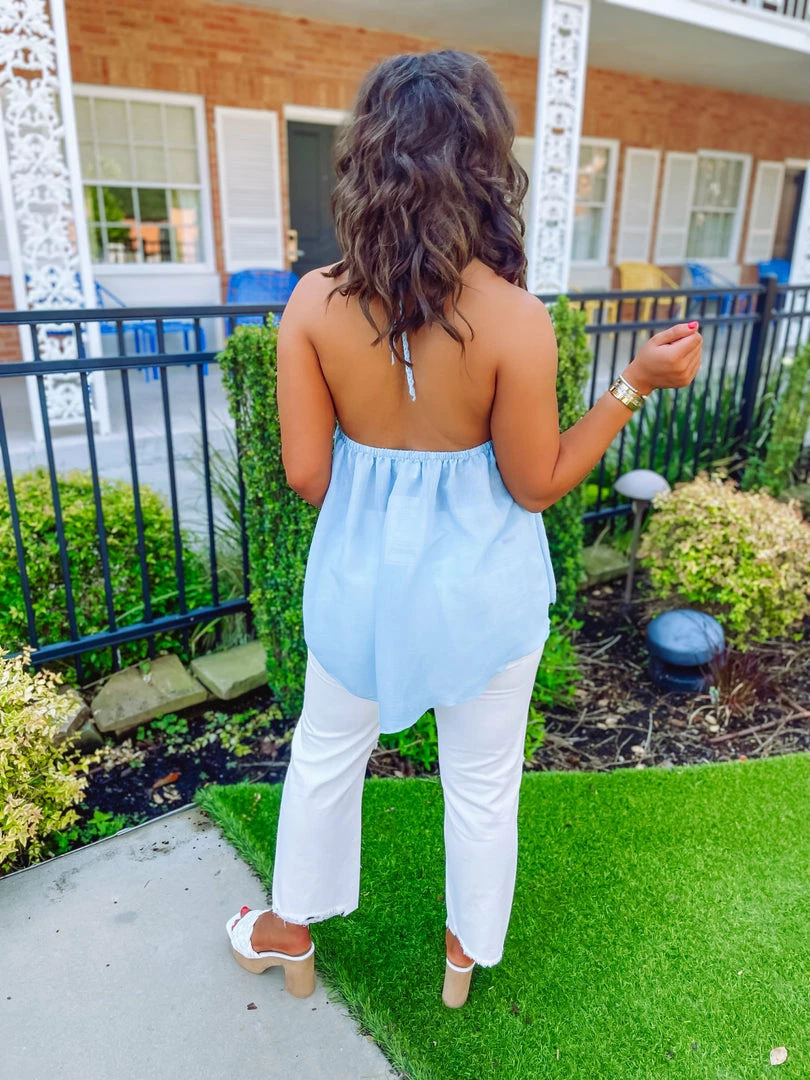 Trend Notes Tops Kimberly Crochet Knit Halter Tunic Top- Blue 4 Trend Notes Tops Kimberly Crochet Knit Halter Tunic Top- Blue