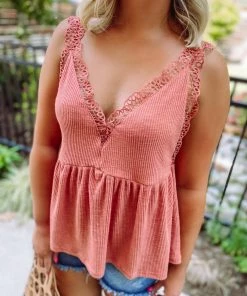 Umgee Tops Callie V Neck Crochet Detail Top- Clay