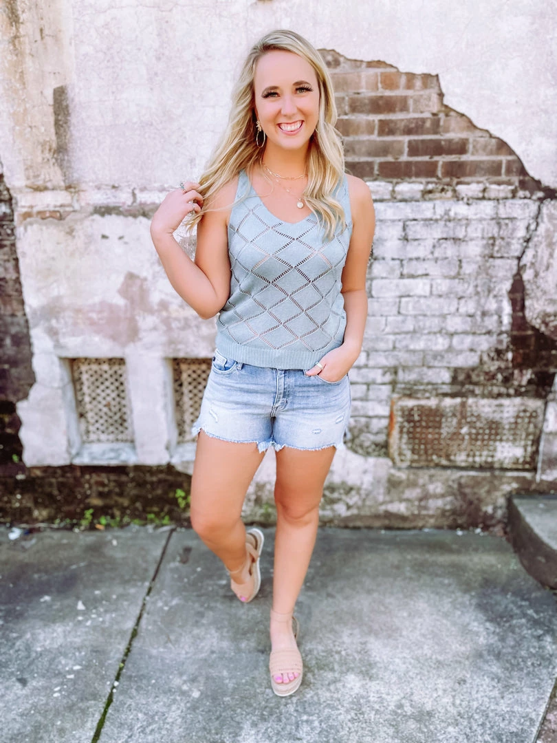 Trend Shop Tops Nevaeh V Neck Hollow Out Knitted Tank Top- Blue 5 Trend Shop Tops Nevaeh V Neck Hollow Out Knitted Tank Top- Blue