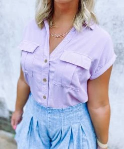 Trend Notes Sydney Short Sleeve Button Up Shirt- Lilac Tops