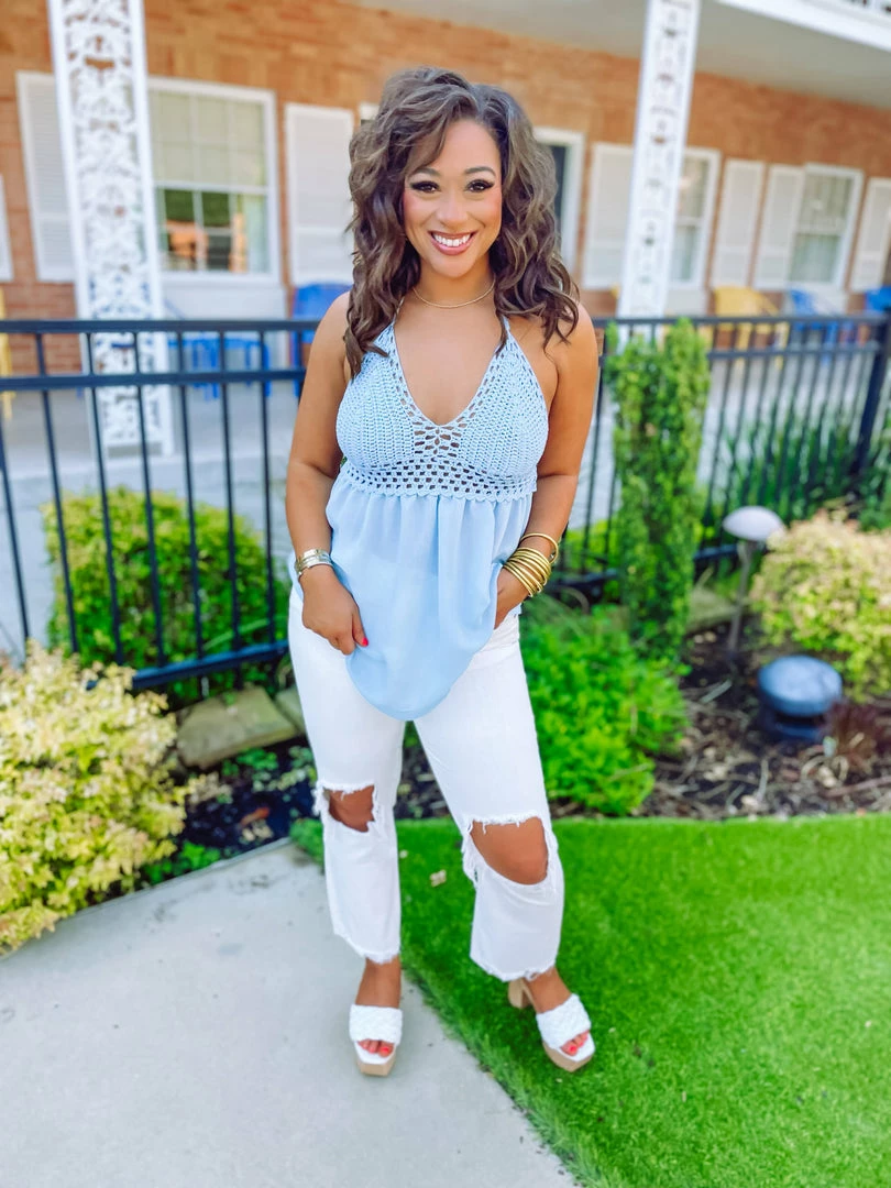 Trend Notes Tops Kimberly Crochet Knit Halter Tunic Top- Blue 3 Trend Notes Tops Kimberly Crochet Knit Halter Tunic Top- Blue