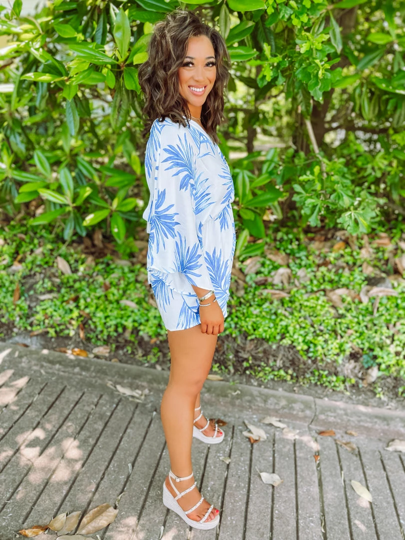 Flying Tomato Vanessa Blue Palm Leaf Tie Romper Take Me Away: Resort Edition 4 Flying Tomato Vanessa Blue Palm Leaf Tie Romper Take Me Away: Resort Edition