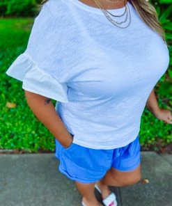 Umgee April Ruffle Sleeve Crewneck Top- Off White Plus