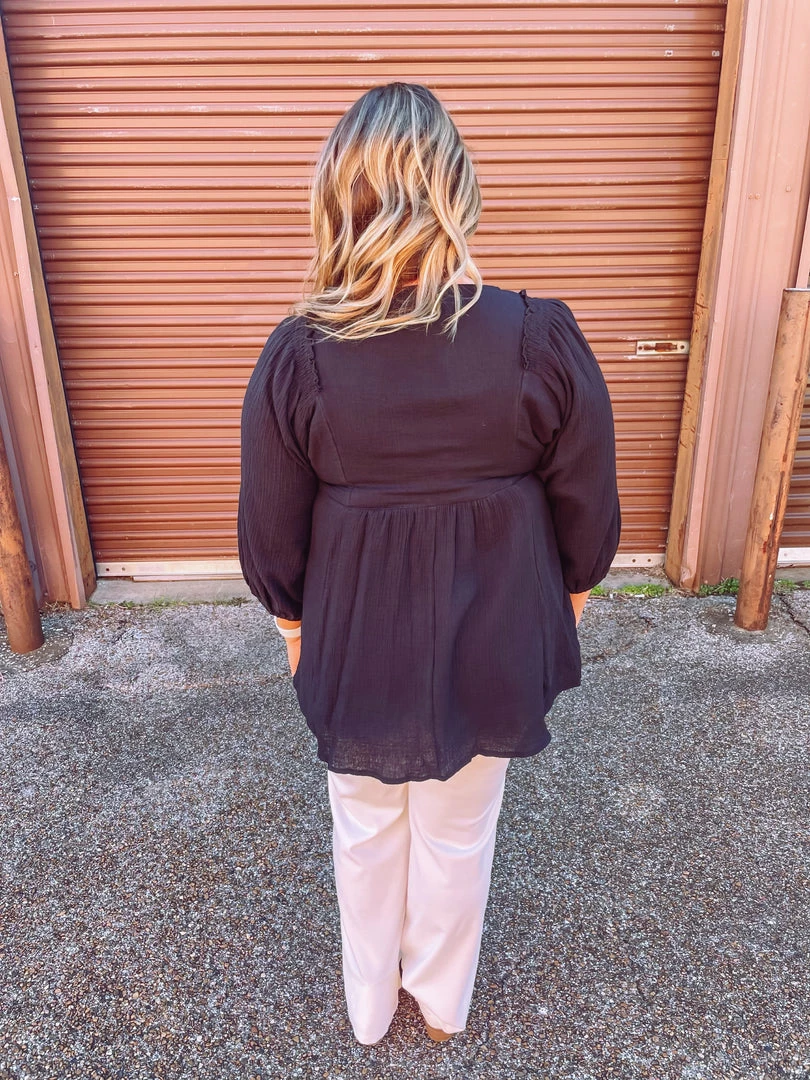 Umgee Ryleigh 3/4 Sleeve Smocked Shoulder Tunic Dress- Black 4 Umgee Ryleigh 3/4 Sleeve Smocked Shoulder Tunic Dress- Black