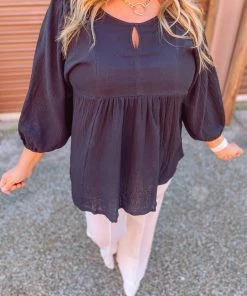 Umgee Ryleigh 3/4 Sleeve Smocked Shoulder Tunic Dress- Black