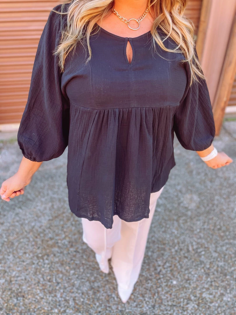 Umgee Ryleigh 3/4 Sleeve Smocked Shoulder Tunic Dress- Black 2 Umgee Ryleigh 3/4 Sleeve Smocked Shoulder Tunic Dress- Black