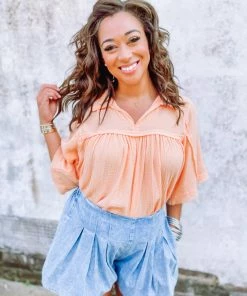 Ces Femme Alexandria Cotton Gauze Wide Sleeve Hi Low Top- Peach