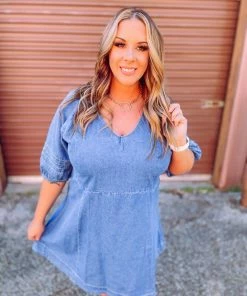 Umgee Aubree Half Puff Sleeve Denim Dress