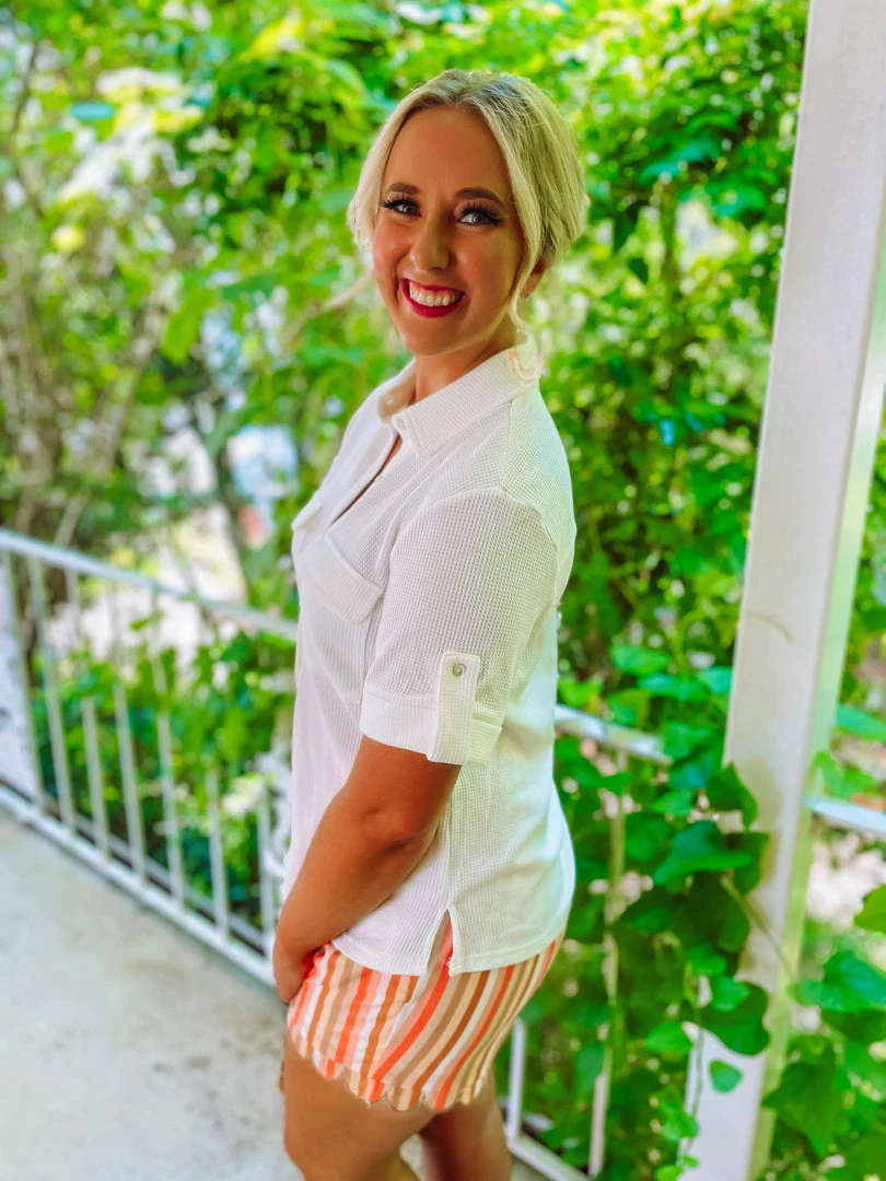 Entro Mila Waffle Knit Rolled Sleeve Top- Off White 4 Entro Mila Waffle Knit Rolled Sleeve Top- Off White