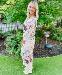 Cezanne Alyssa Floral Self Tie Kimono Jumpsuit Neutral Babe