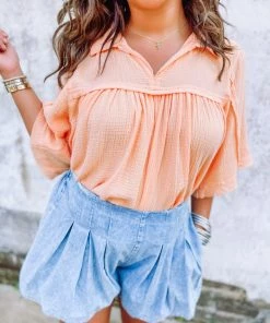 Ces Femme Alexandria Cotton Gauze Wide Sleeve Hi Low Top- Peach