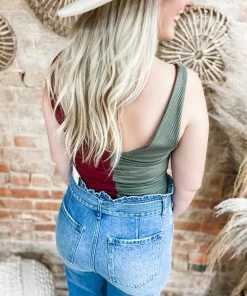 Peach Love Tops Natalie Color Blocked Bodysuit- Olive/Burgundy