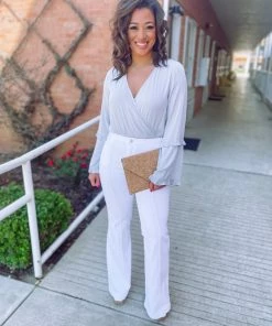 Peach Love Blake Frill Surplice V Neck Bodysuit- Grey