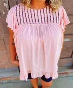 Hailey & Co Plus Jaylee Embroidered Thread Mixed Yoke Top